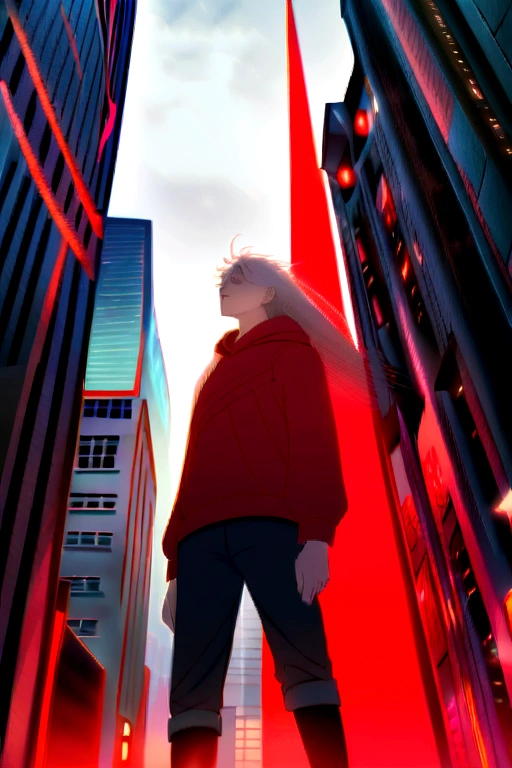 A digital artwork featuring a boy in a red hoodie and red boots standing in an urban environment. The scene is viewed from a low angle, looking up at the boy and the tall, grey buildings surrounding him. The buildings have a futuristic, dystopian aesthetic with scattered red signs and accents. The color palette is predominantly grey and red, creating a striking contrast. The boy's expression is calm and confident, with his hair flowing slightly in the wind. The overall atmosphere is urban and edgy, with a sense of depth and perspective emphasized by the tall buildings."