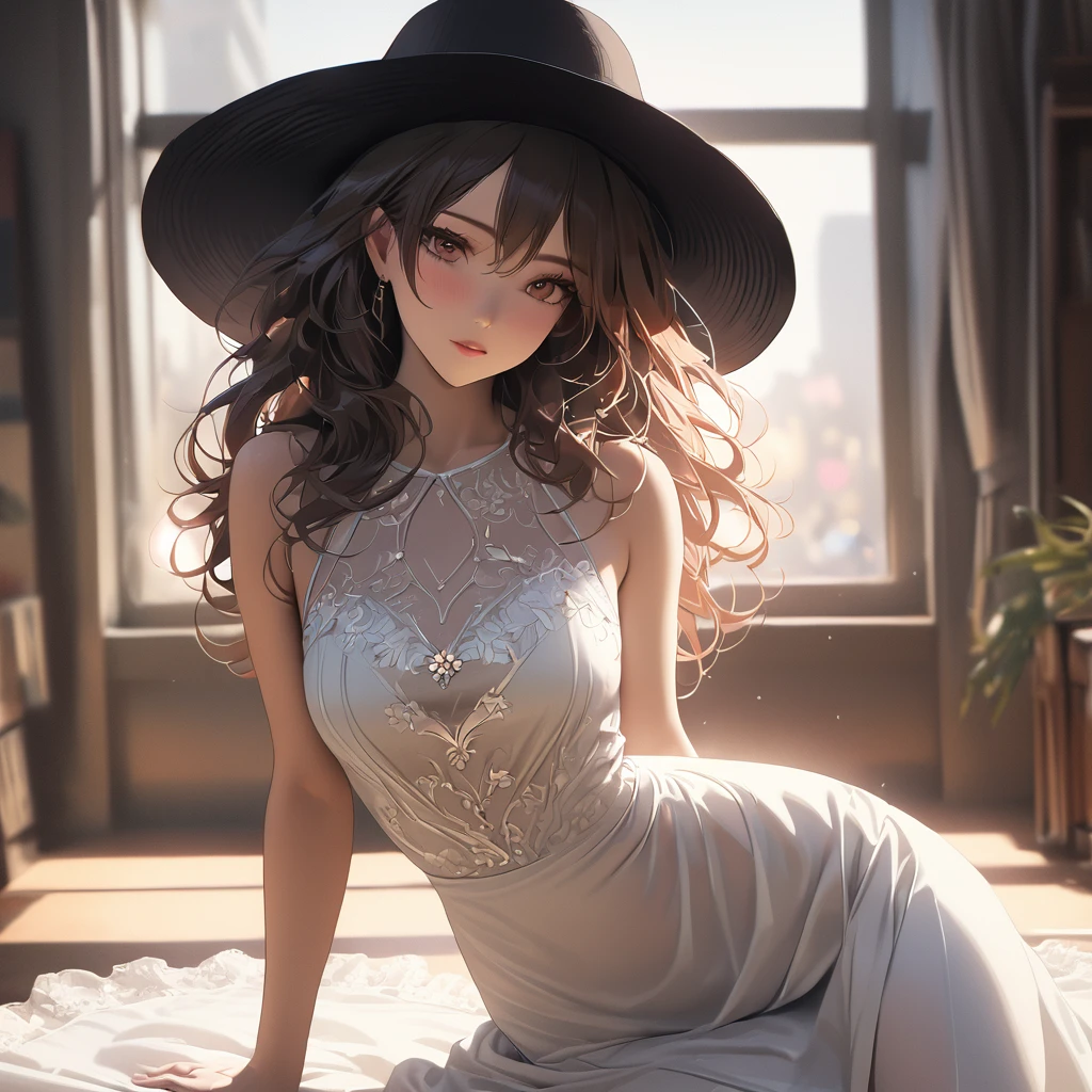 (best quality, 8k, masterpiece, highres, ultra-detailed), photorealistic, Tsukasa Hojo style, mysterious woman, flowing white dress, black high heels, long golden hair, wide-brimmed black hat,  delicate features,  soft shadows,  intriguing gaze,  subtle details,  no exaggerated features,  realistic skin,  minimalistic background,  soft lighting,  film grain.