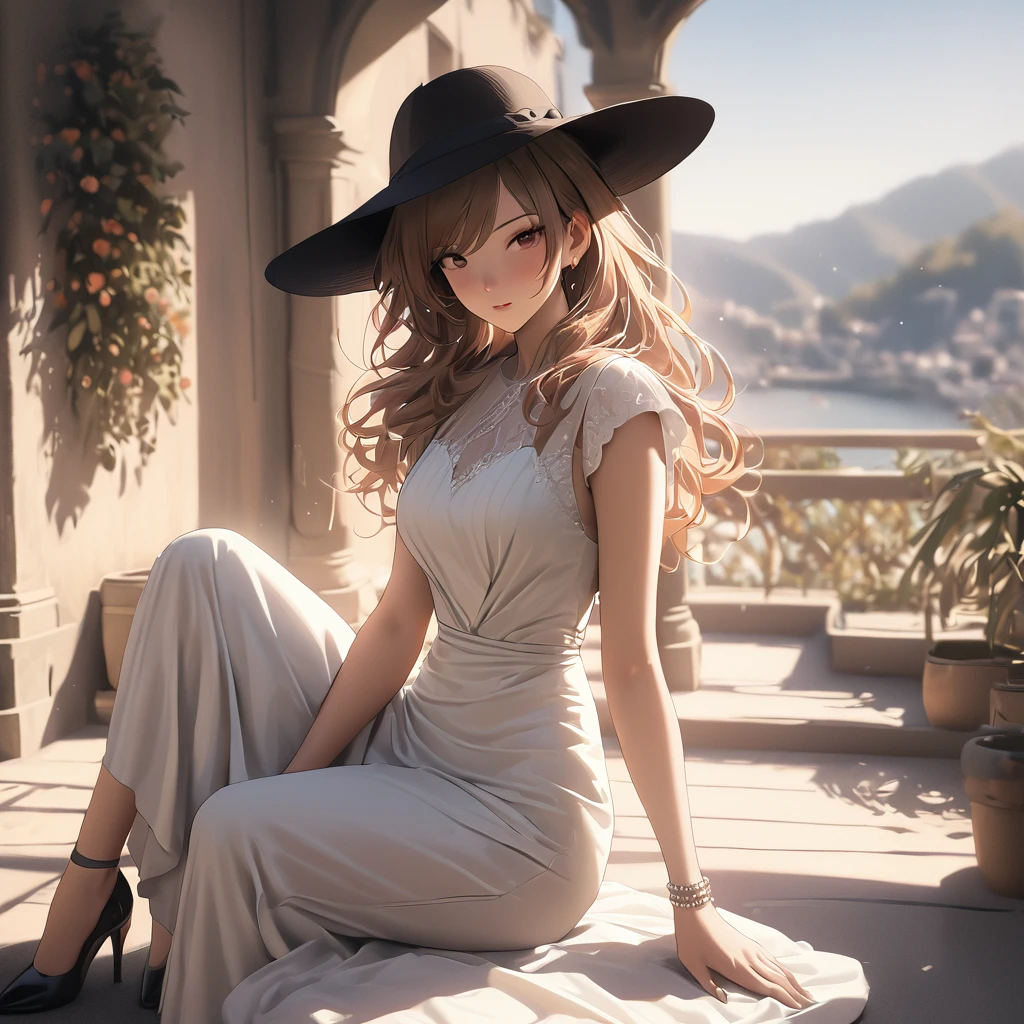 (best quality, 8k, masterpiece, highres, ultra-detailed), photorealistic, Tsukasa Hojo style, mysterious woman, flowing white dress, black high heels, long golden hair, wide-brimmed black hat, delicate features, soft shadows, intriguing gaze, subtle details, no exaggerated features, realistic skin, minimalistic background, soft lighting, film grain.