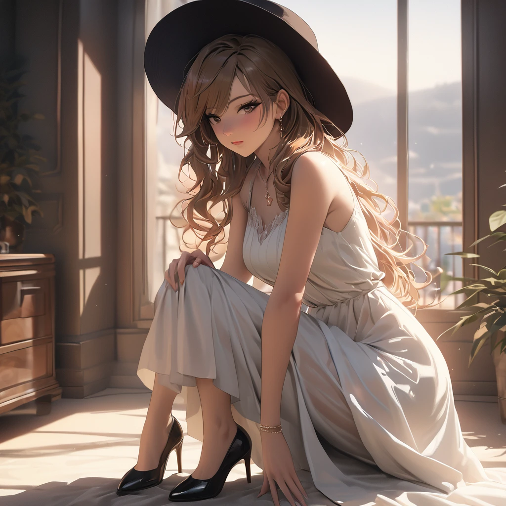 (best quality, 8k, masterpiece, highres, ultra-detailed), photorealistic, Tsukasa Hojo style, mysterious woman, flowing white dress, black high heels, long golden hair, wide-brimmed black hat, delicate features, soft shadows, intriguing gaze, subtle details, no exaggerated features, realistic skin, minimalistic background, soft lighting, film grain.