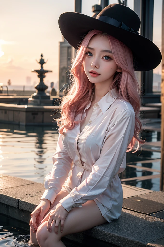 Light pink hair, Blue Eyes, Square with a fountain, Vibrant colors, steampunk, White blouse 、Water splashes, Sunset behind, Ray Tracing, Wavy long hair、Elegant hat