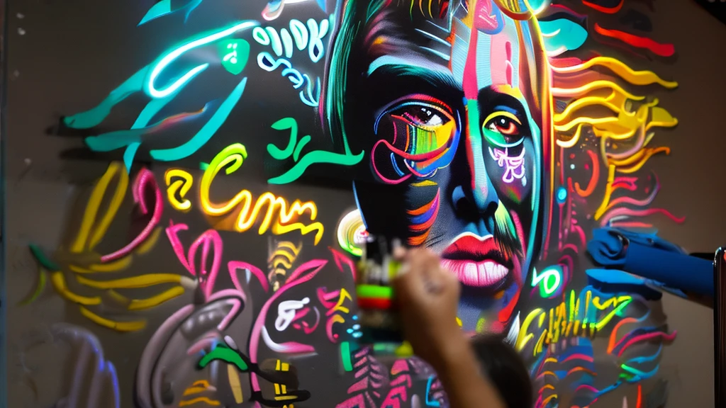 ((zoom in) Create a scene of a large wall painted with colorful paints simulating tattoos illuminated with neon by drawing the title Ai, ai my love