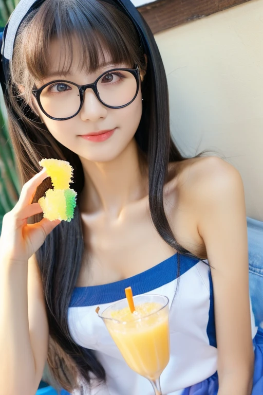 Highest quality、masterpiece、High sensitivity、High resolution、Detailed Description、One Woman、Slim Body、Glasses、Eat shaved ice、