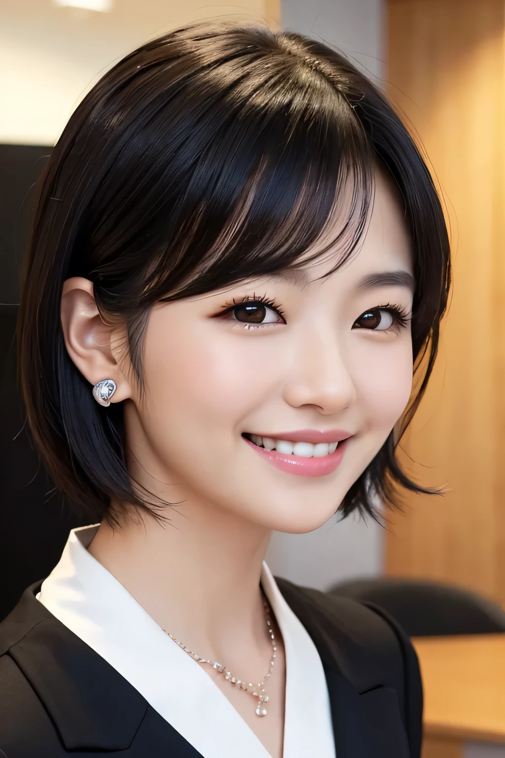 young woman、 Japanese women、Black Hair、Necklace around the neck、Office Lady Suits、smile、Emphasis on teeth、short hair、Wavy Hair、Intricate details, Very detailed:1.2), 、 Looking into the camera,The background is the office、ear piercing