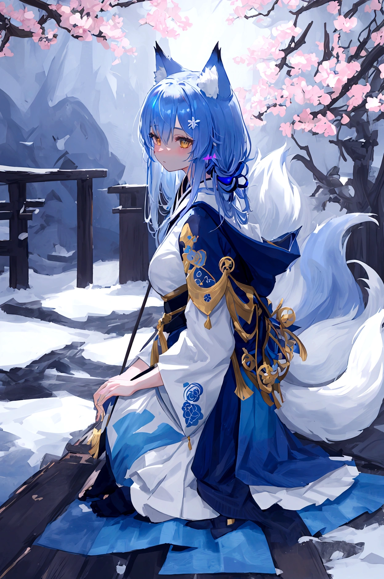fox Light blue hair 　beast girl　indigo fur　fox beast girl　fox Light blue hair 　beast girl　indigo fur　fox beast girl　Wallpaper 4k,8k,highly detailled,,vivid colors,detailed kitsune with 9 tails,traditional Japanese artwork,tatami floor,beautiful cherry blossoms,floating lanterns,dark silhouette of a pagoda,subtle moonlight,dense forest,ethereal atmosphere,dappled sunlight,whimsical spirit,serene expression,elaborate kimono and obi,delicate hand-painted details,luminous eyes　Anime Style　fox　blue　White-faced golden-haired nine-tailed fox　Coat blue　　((best quality)), ((masterpiece)), (detailed), perfect face,solo,kemono,night,fantasy,rainy,thunder,black fur,golden stripes,anthro black wolf.wore a robe that hugged his muscular frame, with a long blue cloak draped over his shoulders.golden eyes,magic,wizard hooded((best quality)), ((masterpiece)), (detailed), perfect face,solo,kemono,night,fantasy,rainy,thunder,black fur,golden stripes,anthro black wolf.wore a robe that hugged his muscular frame, with a long blue cloak draped over his shoulders.golden eyes,magic,wizard hooded　mysterious background　Blue Flame　girl　have a ball of light Anime Style　fox　blue　White-faced golden-haired nine-tailed fox　Coat blue　　　mysterious background　Blue Flame　girl　have a ball of light