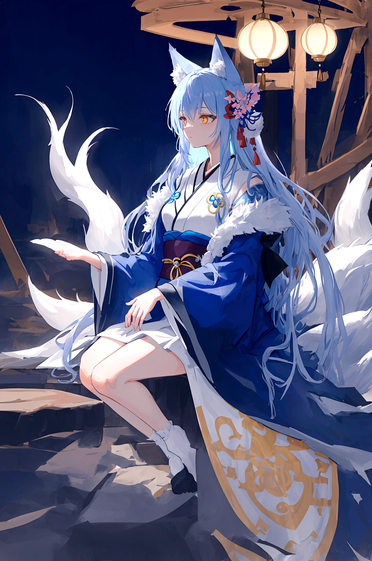 fox Light blue hair 　beast girl　indigo fur　fox beast girl　fox Light blue hair 　beast girl　indigo fur　fox beast girl　Wallpaper 4k,8k,highly detailled,,vivid colors,detailed kitsune with 9 tails,traditional Japanese artwork,tatami floor,beautiful cherry blossoms,floating lanterns,dark silhouette of a pagoda,subtle moonlight,dense forest,ethereal atmosphere,dappled sunlight,whimsical spirit,serene expression,elaborate kimono and obi,delicate hand-painted details,luminous eyes　Anime Style　fox　blue　White-faced golden-haired nine-tailed fox　Coat blue　　((best quality)), ((masterpiece)), (detailed), perfect face,solo,kemono,night,fantasy,rainy,thunder,black fur,golden stripes,anthro black wolf.wore a robe that hugged his muscular frame, with a long blue cloak draped over his shoulders.golden eyes,magic,wizard hooded((best quality)), ((masterpiece)), (detailed), perfect face,solo,kemono,night,fantasy,rainy,thunder,black fur,golden stripes,anthro black wolf.wore a robe that hugged his muscular frame, with a long blue cloak draped over his shoulders.golden eyes,magic,wizard hooded　mysterious background　Blue Flame　girl　have a ball of light Anime Style　fox　blue　White-faced golden-haired nine-tailed fox　Coat blue　　　mysterious background　Blue Flame　girl　have a ball of light
