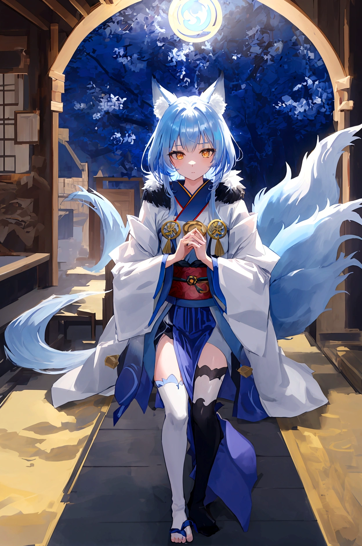 fox Light blue hair beast girl indigo fur fox beast girl fox Light blue hair beast girl indigo fur fox beast girl Wallpaper 4k,8k,highly detailled,,vivid colors,detailed kitsune with 9 tails,traditional Japanese artwork,tatami floor,beautiful cherry blossoms,floating lanterns,dark silhouette of a pagoda,subtle moonlight,dense forest,ethereal atmosphere,dappled sunlight,whimsical spirit,serene expression,elaborate kimono and obi,delicate hand-painted details,luminous eyes Anime Style fox blue White-faced golden-haired nine-tailed fox Coat blue ((best quality)), ((masterpiece)), (detailed), perfect face,solo,kemono,night,fantasy,rainy,thunder,black fur,golden stripes,anthro black wolf.wore a robe that hugged his muscular frame, with a long blue cloak draped over his shoulders.golden eyes,magic,wizard hooded((best quality)), ((masterpiece)), (detailed), perfect face,solo,kemono,night,fantasy,rainy,thunder,black fur,golden stripes,anthro black wolf.wore a robe that hugged his muscular frame, with a long blue cloak draped over his shoulders.golden eyes,magic,wizard hooded mysterious background Blue Flame girl have a ball of light Anime Style fox blue White-faced golden-haired nine-tailed fox Coat blue mysterious background Blue Flame girl have a ball of light
