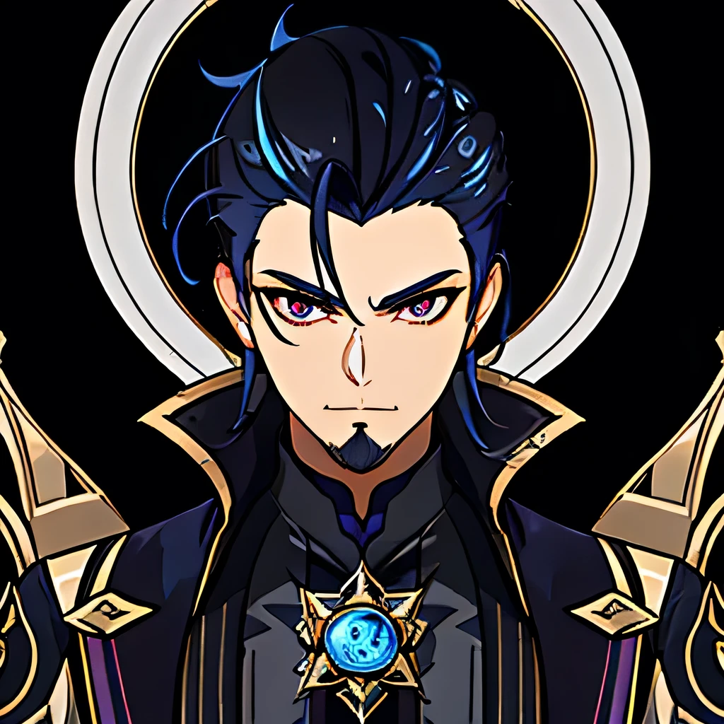 Simple white background, Genshin Impact male character, unique character, serious appearance, black suite, short, wavy and black hair, slicked back, goatee, visual novel, detailed black armor, high quality, cinematic, dramatic pose, intricate details, vibrant colors, masterpiece, Genshin Impact, purple jewel on a golden coat of arms