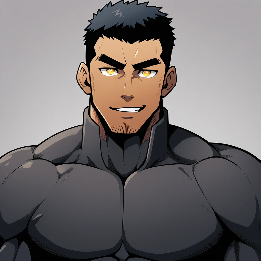 anime characters:Gyee, Muscle Sports Student, negro black skin, 1 dark skin muscular tough guy, Manliness, male focus, Dark grey high collar long sleeve wetsuit, Matte texture, Very tight, Round, full and perky chest muscles, Slightly transparent, muscular male, muscular, only, Upper body, alone, Black short hair, Thick eyebrows, stubble, Yellow eyes, Grey background, simple background, amazing quality, best aesthetics, Ridiculous, bright pupils, crew cut, parted lips, seductive smile, torogao, naughty face, best quality