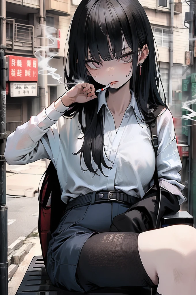 student, uniform, smoking, White shirt, tie, traitor, slim, Backpack, Lots of smoke, flat, Black Skirt, Pretty face, beautiful, Long Hair, Face Focus, Half closed eyes, relax, pale, Asian eyes, Straight hair, Asian, Swollen lips, Lip gloss, Pouting、In a completely different expression