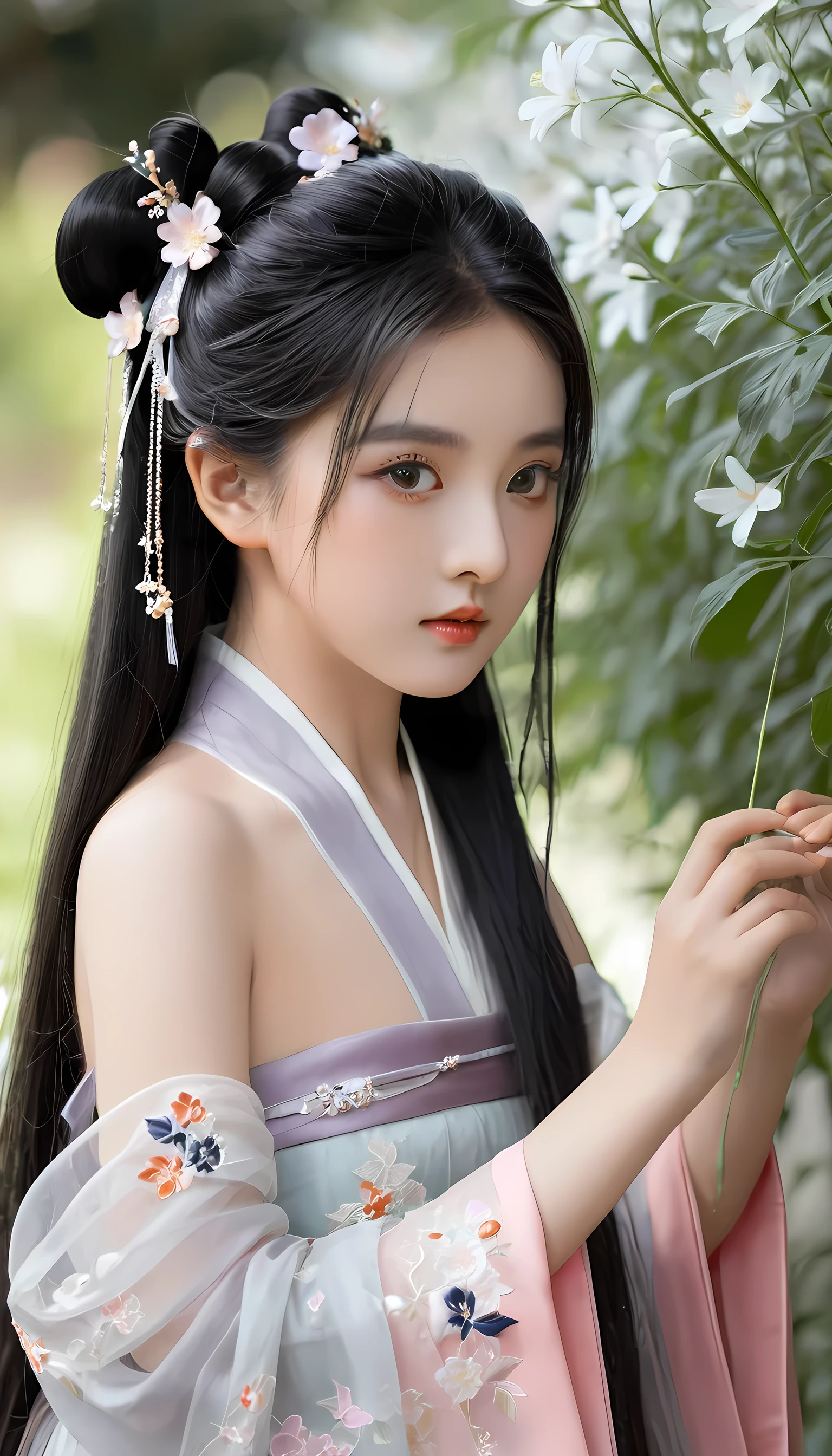 (Little Girl: 1.5), Lace, Ribbon, Hanfu, (masterpiece, Side Light, Beautifully and beautiful gray eyes: 1.2), masterpiece, Practical, Glowing eyes, Shiny hair, Black Hair, Long hair, Glowing skin, Solitary, Awkward, Strapless, Beautifully, beautiful, garden, Flowers, Flower petals flutter,