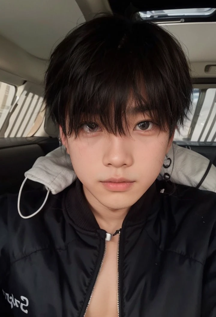 Asian boy inside the car