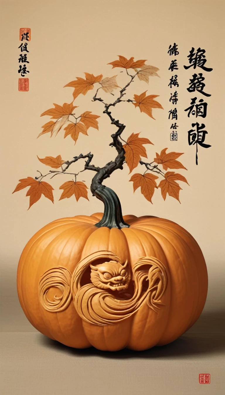Pumpkin Carving Design Styles, Qi Baishi and Chen Longque、Chen Dingbo's dynamic illustration pumpkin carving, Octane Rendering, (best quality, masterpiece, representative work, Official Art, professional, 8K:1.3)