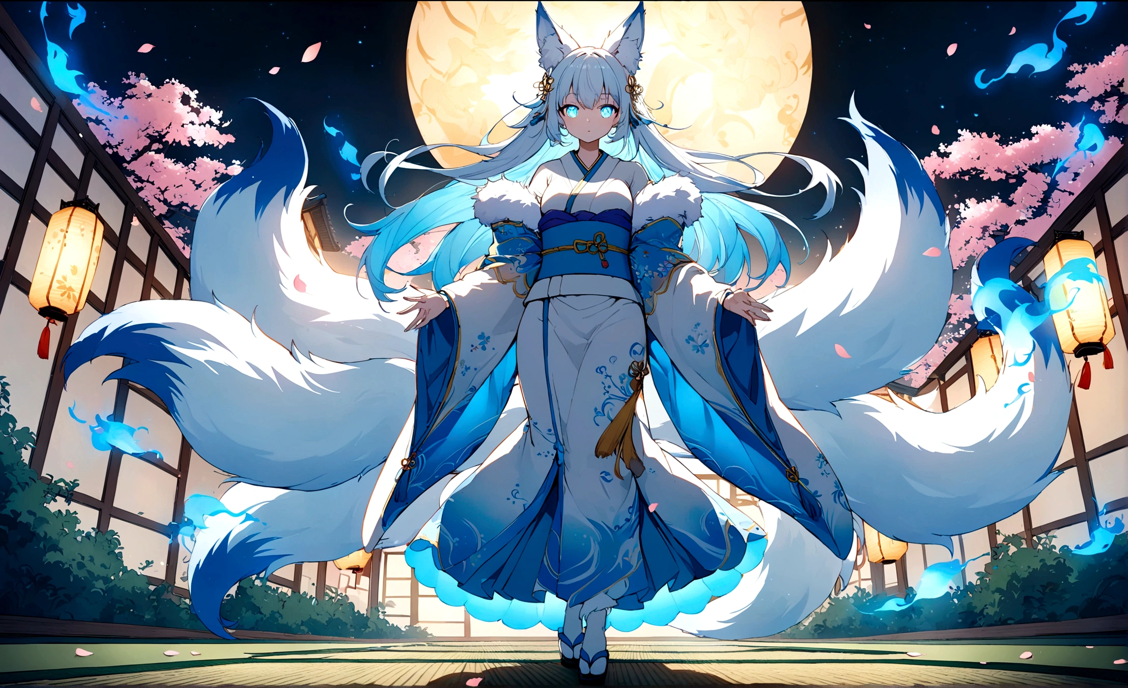 fox Light blue hair 　beast girl　indigo fur　fox beast girl　fox Light blue hair 　beast girl　indigo fur　fox beast girl　Wallpaper 4k,8k,highly detailled,,vivid colors,detailed kitsune with 9 tails,traditional Japanese artwork,tatami floor,beautiful cherry blossoms,floating lanterns,dark silhouette of a pagoda,subtle moonlight,dense forest,ethereal atmosphere,dappled sunlight,whimsical spirit,serene expression,elaborate kimono and obi,delicate hand-painted details,luminous eyes　Anime Style　fox　blue　White-faced golden-haired nine-tailed fox　Coat blue　　　mysterious background　Blue Flame　girl　have a ball of light Anime Style　fox　blue　White-faced golden-haired nine-tailed fox　Coat blue　　　mysterious background　Blue Flame　girl　have a ball of light