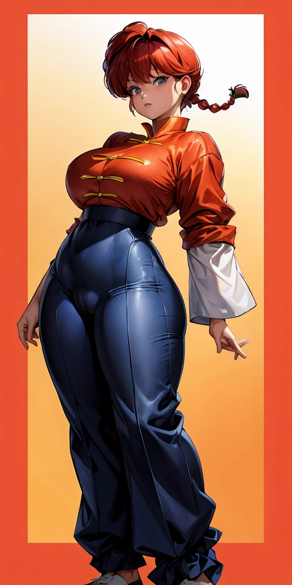 ((masterpiece)), expensive quality, very_expensive_solve, big_file size, Full Color, Thick outline, Clear contours, colorful, (Beautiful attention to detail), (Beautiful Face:1.3), Boyish face, 1 Girl, (Ranma), (Redhead), short hair, (Braided Ponytail), ((bangs)), bumpy bangs, Blue-gray eyes, Big Breasts, Curvy, Black Wristband, Ranma, Braided Ponytail, Chinese clothing, No sleeve, Tangzhuang, Black trousers, Camel Toe, Are standing,