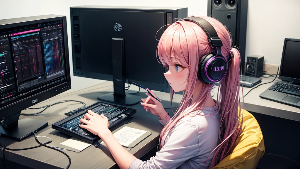 A girl is working on a PC while listening to music through headphones