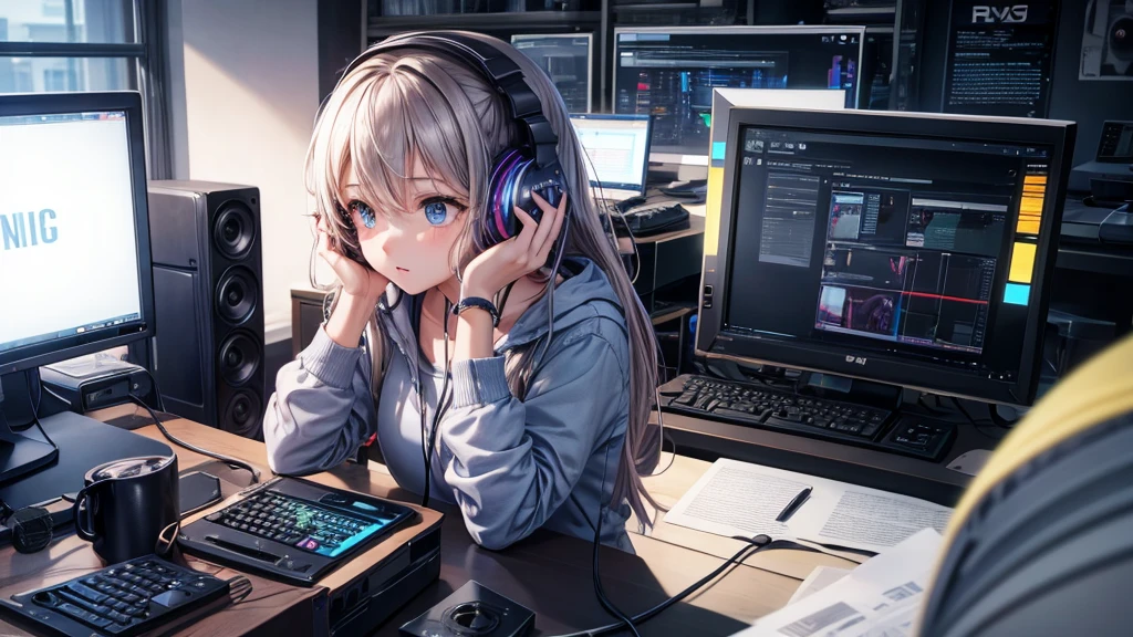 A girl is working on a PC while listening to music through headphones