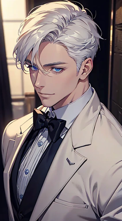 a mature man with short white hair, blue eyes, and a perfect face, smiling in love, CEO, cinematic lighting, 1:4 HDR image, top view, ultra detailed, best quality, masterpiece, 8K, photorealistic, beautiful image