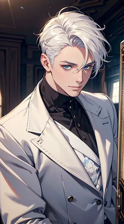 a mature man with short white hair, blue eyes, and a perfect face, smiling in love, CEO, cinematic lighting, 1:4 HDR image, top view, ultra detailed, best quality, masterpiece, 8K, photorealistic, beautiful image