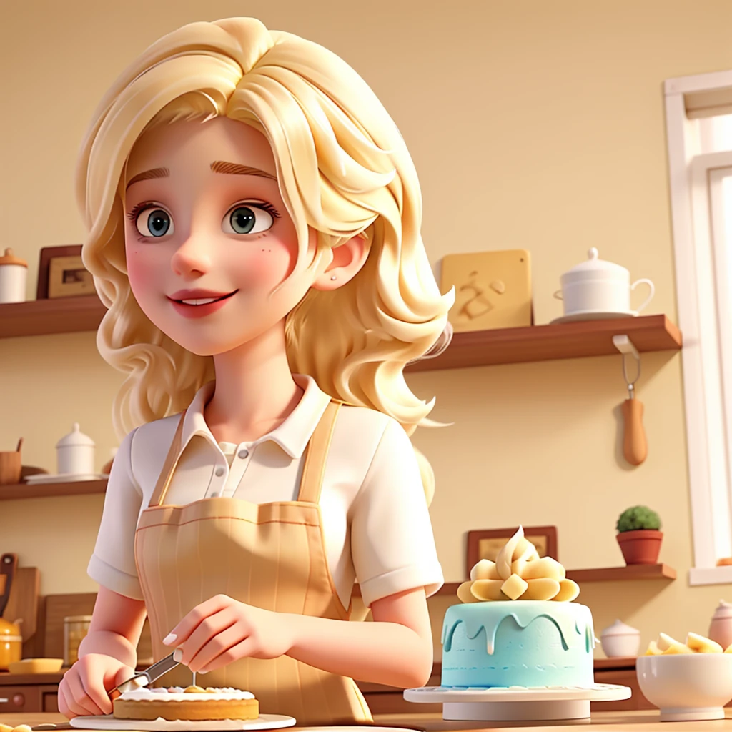 A white woman with blonde hair, in a kitchen making cake.