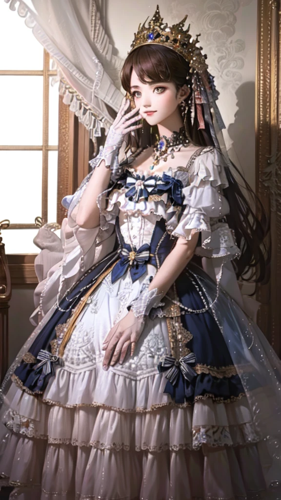(best quality),(Masterpiece),dynamic angle,(extreme detailed illustration),(extremely detailed CG unity 8k wallpaper),amazing,Depth of field,(highly detailed),((an extremely delicate and beautiful)),((1girl)),((extremely detailed eyes and face)),luminedef,solo, bangs, looking at viewer, light smile, detailed background, standing, indoors, luxury decorations, window, piano,dramatic lighting,