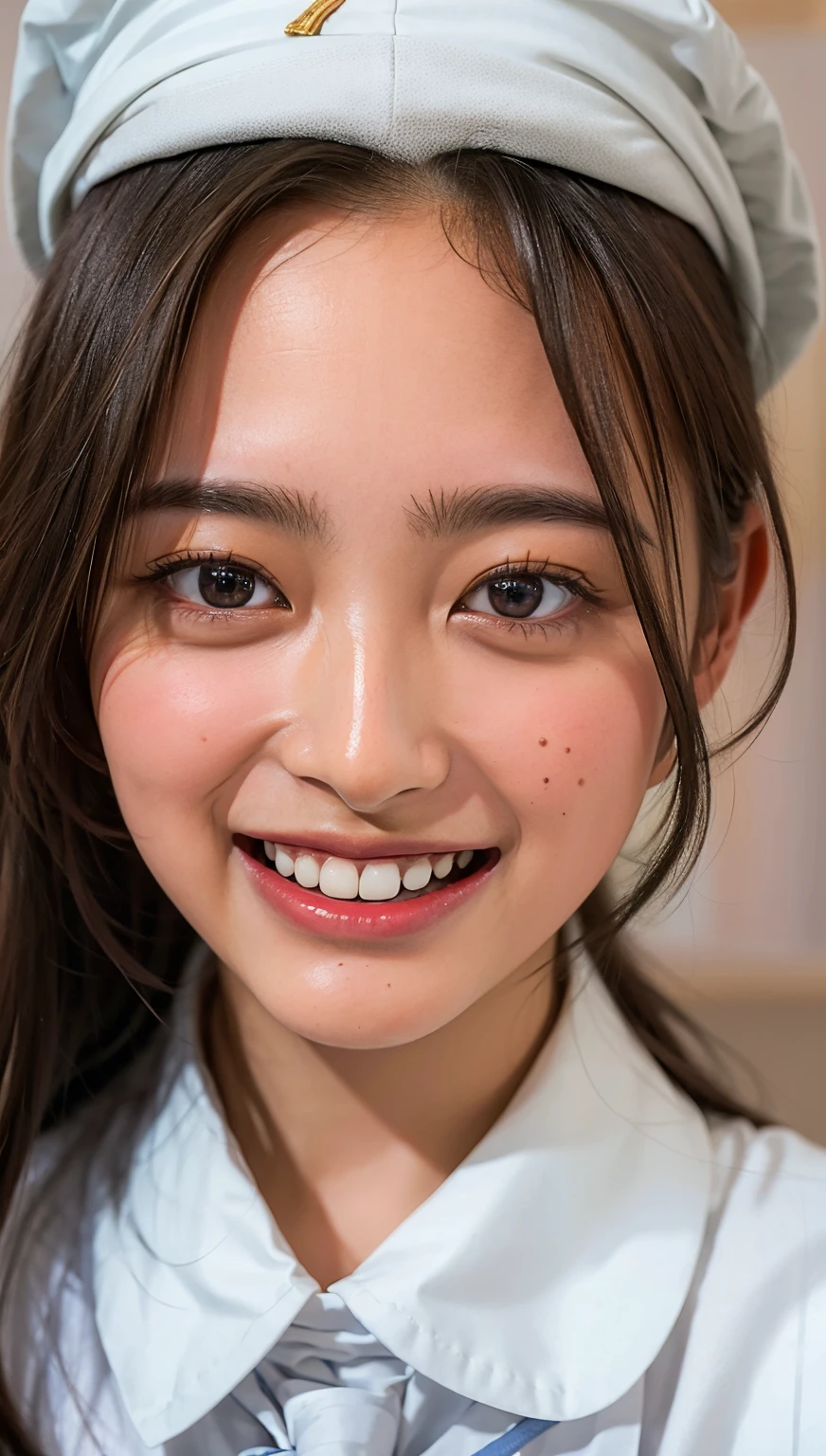 ((cowboy shot)),Ultra-high resolution,big eyes,(brown eyes),Japanese,(forehead),(a girl),(1 girl),(()),(cute),pretty,((facing at viewer)),grin,((white school sailor uniform))