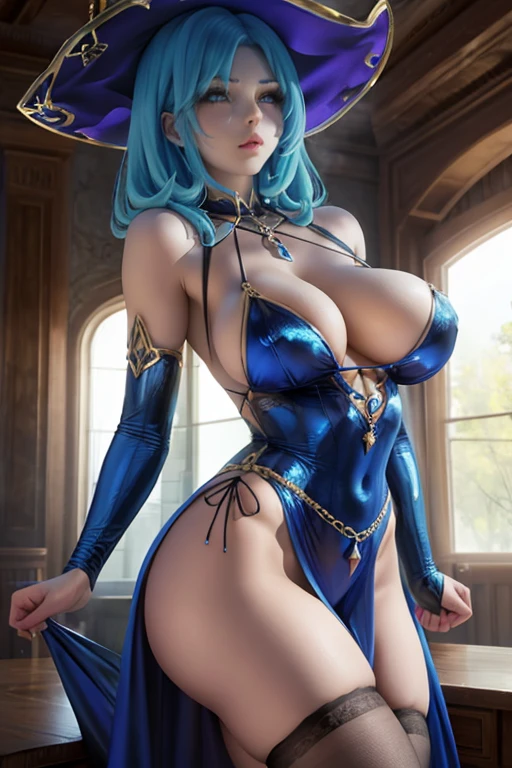 witch, blue haired, big breast, suggestive pose, metallic blue sexy dress