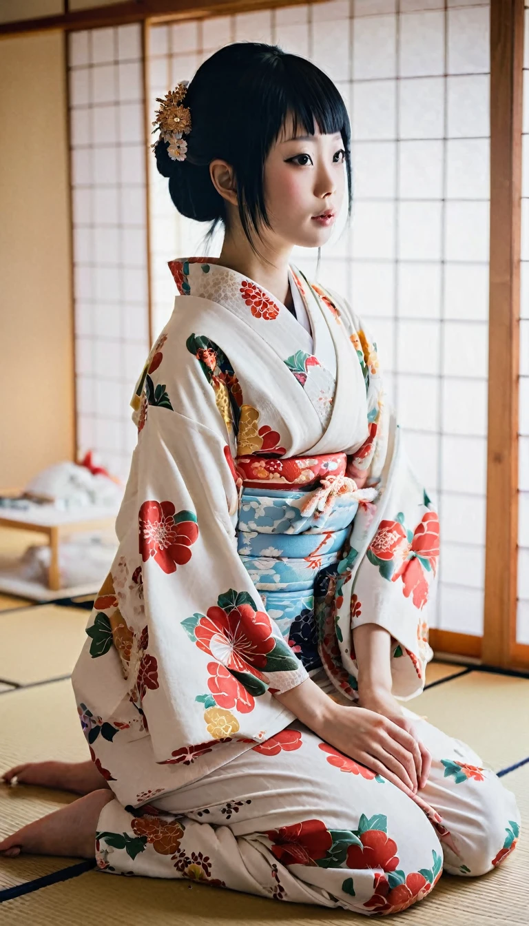 1 Japan Female、Black Hair、20th Generation、White skin、kimono、Japanese-style room