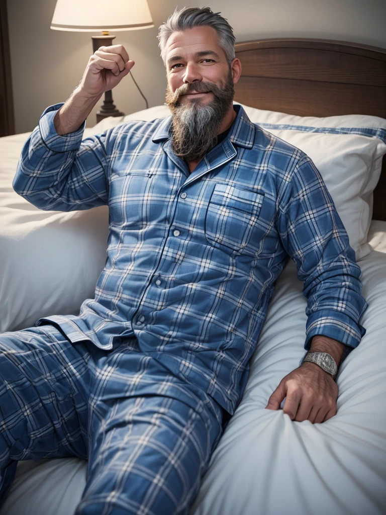 photo of a 45 year old man, very realistic, with a lumberjack beard, gray hair, full body, serene, smiling face, lying on a simple country bed, wearing old and torn blue checkered pajamas, kodak photo, trending Nikon photo 8k definition