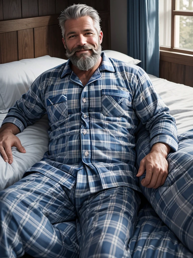 photo of a 45 year old man, very realistic, with a lumberjack beard, gray hair, full body, serene, smiling face, lying on a simple country bed, wearing old and torn blue checkered pajamas, kodak photo, trending Nikon photo 8k definition