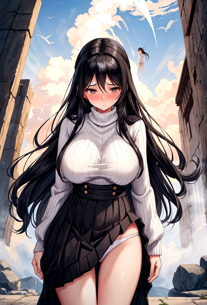 Beauty mother-in-law　Height difference　Black Hair　Straight long hair　hair band　Knitted sweater　Mother and daughter have beautiful breasts　The wind flips up my skirt　White panties　Feeling embarrassed