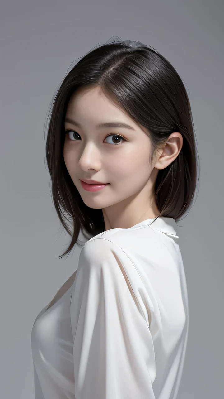 (8K, highest quality, Masterpiece: 1.2), super detail, super resolution, (photorealistic, photorealistic photo: 1.37), portrait, high definition RAW color photo, professional photo, high definition and beautiful, high definition, 8K Image wallpaper, amazing details, huge file size, high detailed beautiful girl, super detailed face, very detailed eyes, very detailed skin, very detailed fingers, very detailed nose, very Detailed detailed mouth, perfect anatomy, tight background, 1 girl, (20:1.2), 20 generations, cute girl, realistic body, glowing skin, slim body, black hair, cute, cute face, lively face, delicate eyes, source order, looking at camera, facing forward, (fair skin), bust shot, bangs, round face, smile,