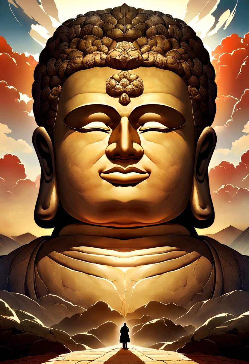 A huge Buddha statue seen in the distance, stone, texture, expensive, Majestic, The background is illuminated by sunlight.，cloud, Inverted Image，side，Pilgrims&#39; Path,Muscle々