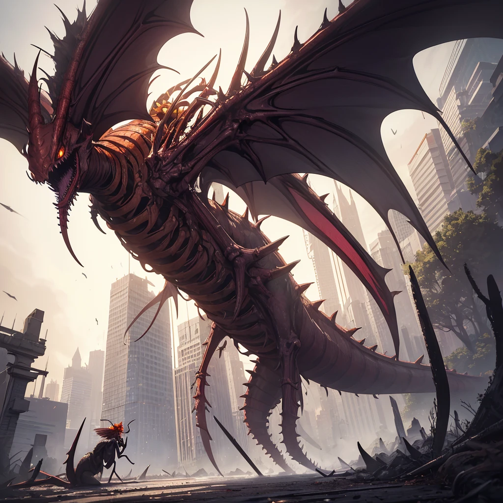 (masterpiece art, high best quality image, very detailed features) 
Horror scene, apocaliptic ambience
1monster, non human features, ugly and disturbing, wasp abomination, 5 meters height, red exo-skeleton, big long wasp monster head, four horns, two yellow eyes with scarlet triangled pupils, closed long big mouth full of sharp lined yellow teeth, yellow mouth pincers, very long arms, hands with long fingers and thumbs ended in sharp pink claws, two short arms in the chest, long sharped legs, big feet, toes with claws, long and fat wasp tail with long sharp sabre sting, huge purple bat wings on the back, pink tentacles from the wings,
Its standing dominant and calm on a destroyed city park, located in Ottawa Canada, raining day