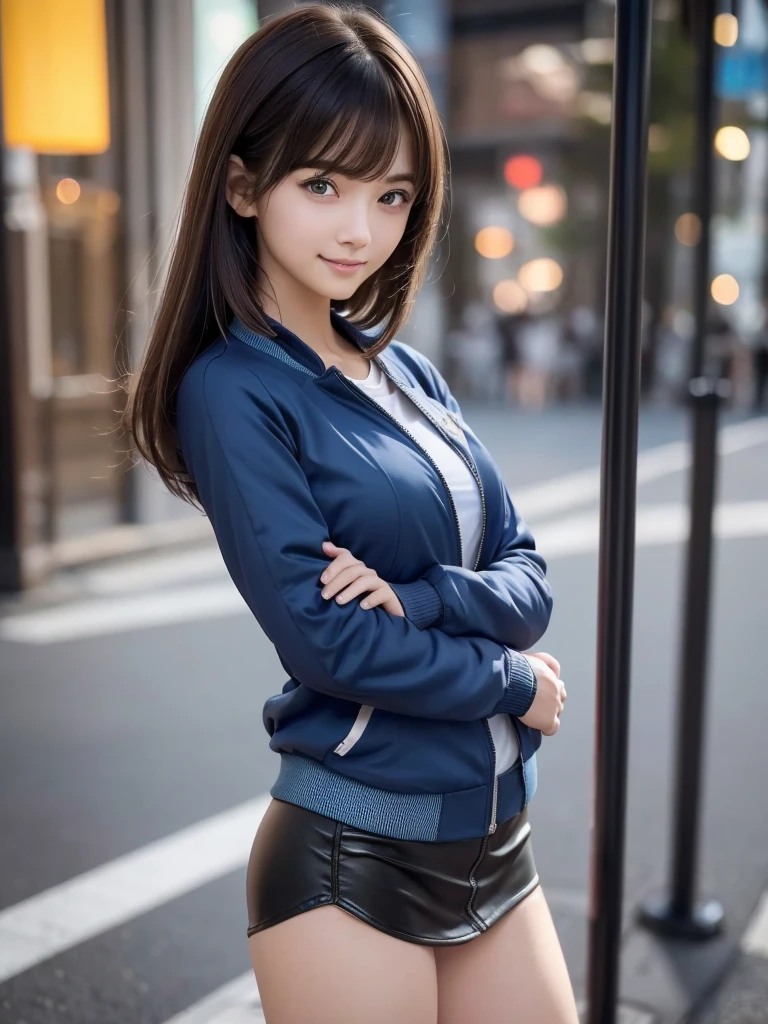 (8K, RAW Photos, Highest quality, masterpiece:1.2), (Realistic, photo-Realistic:1.4), (Highly detailed 8K wallpapers), ((Full Body Shot)), (1 girl), Sharp focus, Depth of written boundary, Cinematic lighting, Soft Light, 緻密な美しさのeye, eye_Chan, Very beautiful 17 year old girl, innocent big eyes, Realistic, photo Realistic, Highly detailed cute girl, (Thin thighs), (Model Body Type), 18-year-old, ((Blue track jacket)), (Black micro mini tight skirt), (((Fold your arms in front of your chest and act arrogantly))), ((A happy smile)), Parted lips, Watching the audience, (On the streets of Tokyo) , (Brown Hair),（Long Bob Hair), (Asymmetrical bangs)