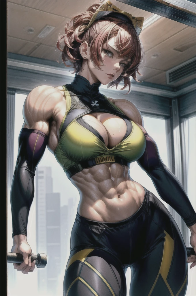 ((Best quality)), ((masutepiece)), ((highly intricate detail)),Beautiful, High quality, A high resolution, absurderes, light difussion, Intricate details, intricately details, ((anime big breast)), (anime big breast:1.2) , (Perfect face:1.3), extremely detailed eye, Colorful, highest details, Vibrant colors, High contrast, (8K UHD:1.2), (Photorealistic:1.2),(masutepiece:1.4), (Best quality:1.4), Realistic,medium breasts. Her physique is truly remarkable, bulging muscles,Ripple with the power. Her arms are adorned with immense biceps and sculpted triceps, Every muscle fiber has a definition、willful. Her contoured six-pack abs are、Proudly demonstrate dedication to physical strength, a testament to the hours spent honing her body to perfection. Wear workout clothes,Highlight her muscular form, she emanates an air of confidence and dominance. Beads of sweat cascade down her glistening skin, evidence of the intense physical exertion she undertakes. The gym serves as her domain, Push the body to its limits、A sacred space that transcends the boundaries of the seemingly possible. Short hair, beautiful colored hair, face flushed ,18+ face,face, ,wet mouth,NSFW Art, body curve, full sexy body, ((full bodyesbian)), full bodyesbian, Random Location, random pose position, Random Location, beauty shirt, (The upper part of the body_Body),(_Body:1.5), Perfect body, Pose, naughty girl, (tact:1),Tato in the belly, ((1girl in:1)), full bodyesbian, Dark skin, Human, ((full_Body)),((Busty:1.5)),short_Hair,(Tight_suit),(Dynamic_Pose),(Random_Pose),((Body_Construction workers:1.5))