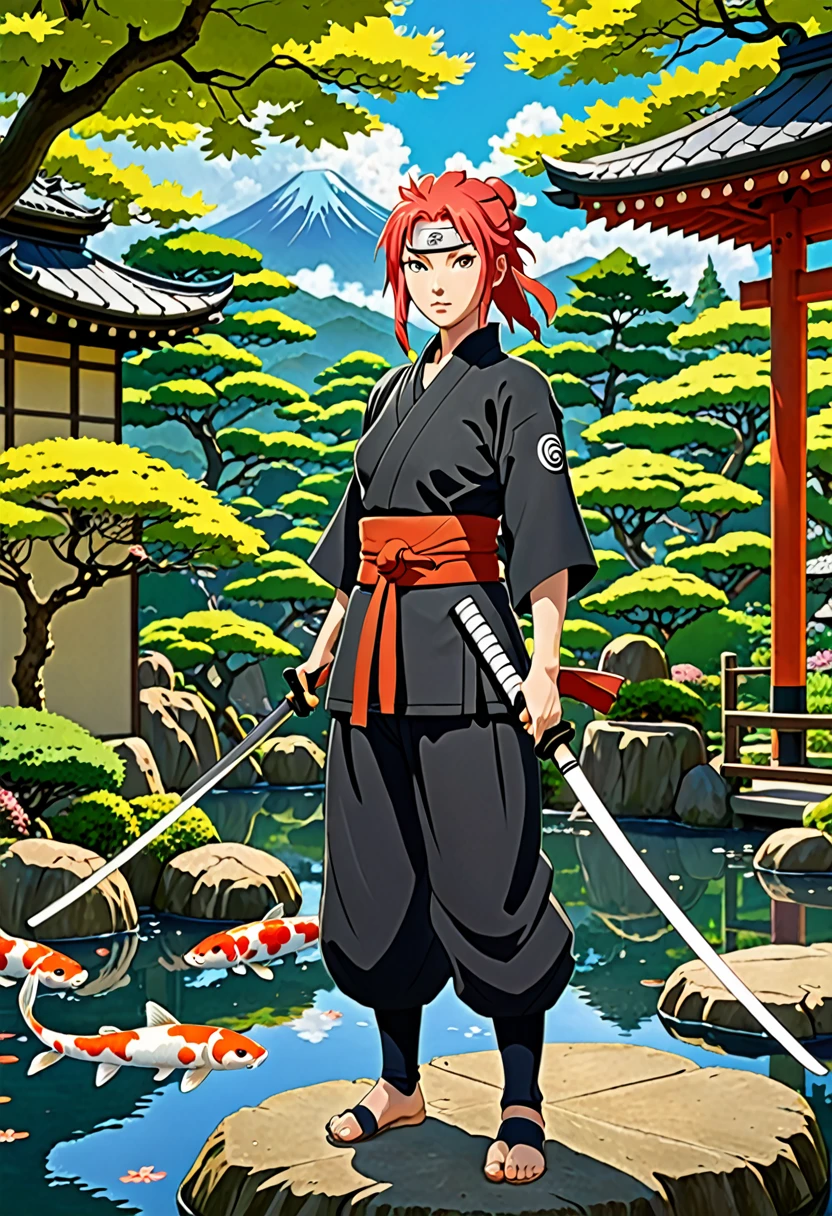 A strong and serious female ninja with red and yellow hair from the Naruto series, wielding a katana. She is in a traditional Japanese garden with koi ponds, stone lanterns, and meticulously pruned trees. The art style is influenced by Studio Ghibli, with a focus on detailed backgrounds, vibrant colors, and a sense of tranquility. Created Using: Corel Painter, Ghibli-style art, high detail, natural lighting, vibrant colors, peaceful setting, anime character design, immersive environment --v 6.0