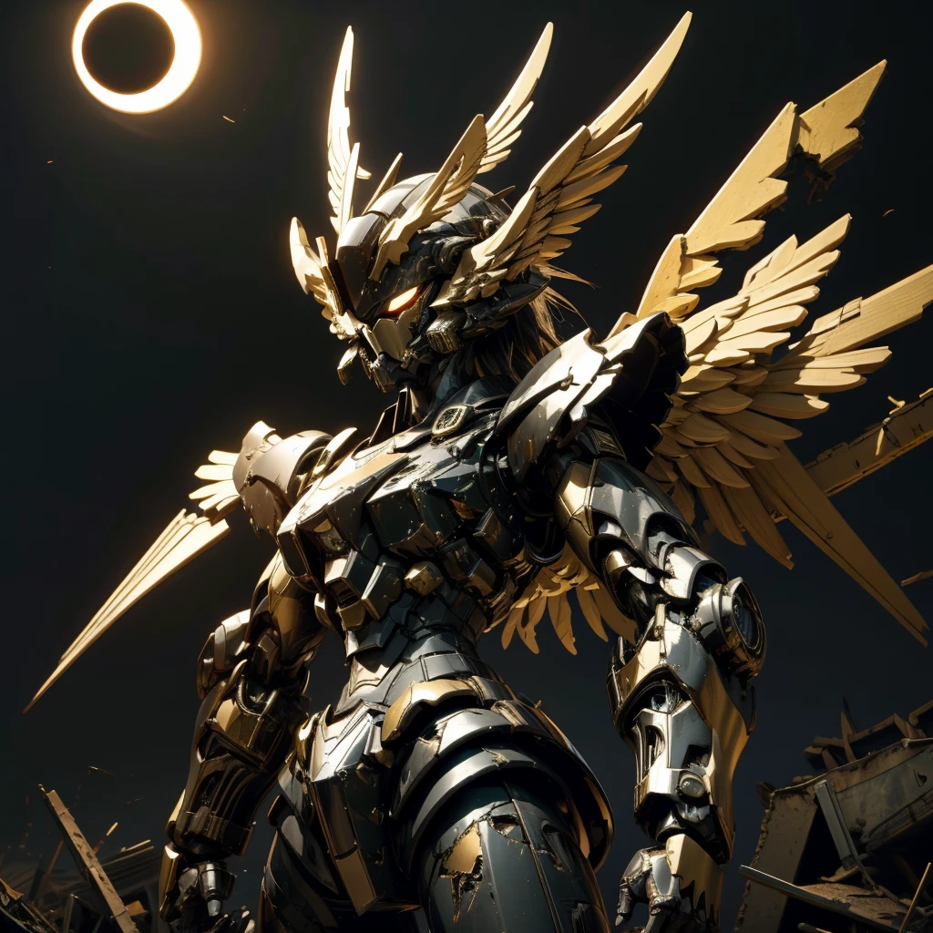 female mecha wings of angel, in black armor, in a destroyed city, the night, with an eclipse in the background 2