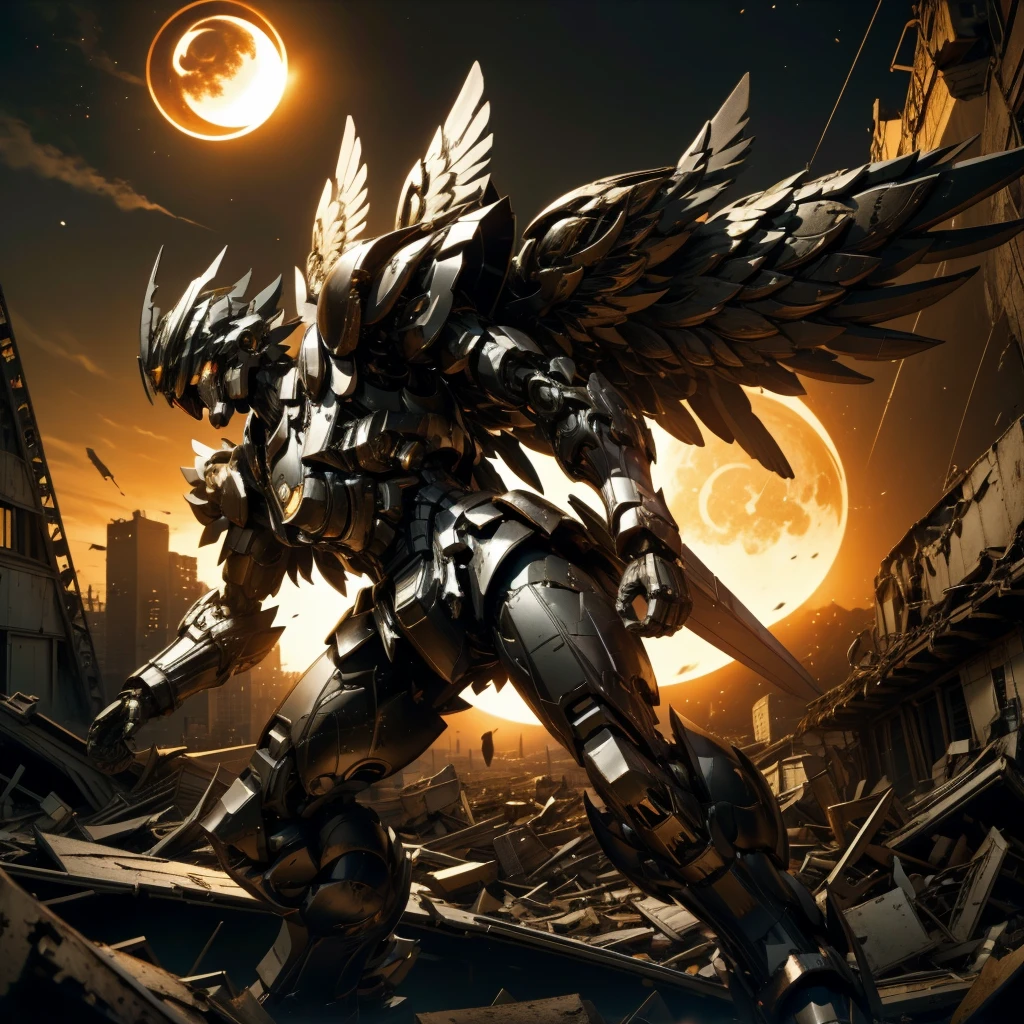female mecha wings of angel, in black armor, in a destroyed city, the night, with an eclipse in the background 2
