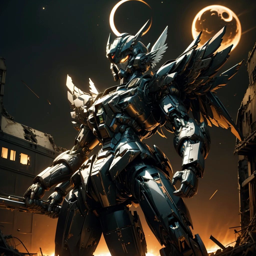 female mecha wings of angel, in black armor, in a destroyed city, the night, with an eclipse in the background 2