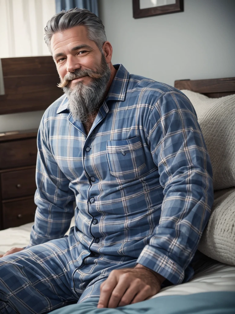 photo of a 45 year old man, very realistic, with a lumberjack beard, gray hair, full body, serene, smiling face, lying on a simple country bed, wearing old and torn blue checkered pajamas, kodak photo, trending Nikon photo 8k definition