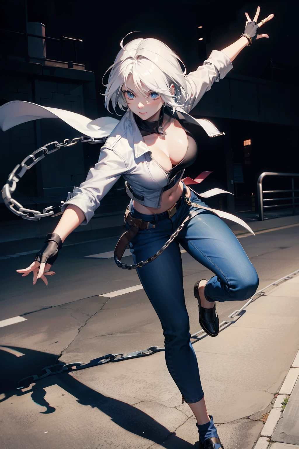 (masterpiece), best quality, expressive eyes, perfect face, highres, 1girl, solo, angelms, white hair, white jacket, jeans, fingerless gloves, dangerous pose, parkour, mean smiling, fanstasy background, cowboy shot, fullbody shot, looking at the viewer, from front, chains adornment, shurikens, daggers, kunai, ninja style
