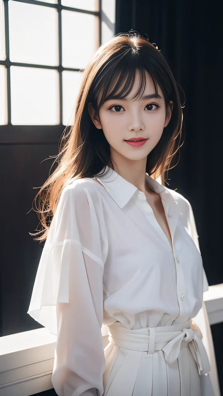A girl, (Wear fashionable clothes:1.2), (original photo, best quality), (Practical, Practical:1.4), On the table, Very refined, Very detailed, 2k wallpapers, wonderful, detailed, Very detailedな CG Unity 8K 壁紙, Very detailedな, high resolution, Soft Light, Beautiful and delicate girl, Looking at the camera、Very detailedな目と顔, Beautiful and delicate nose, Beautiful details, Medium Length Hair, small, Black suit and white shirt、White background、The background is white、Cinema Lighting, Perfect anatomical structure, slim body, Smile, 