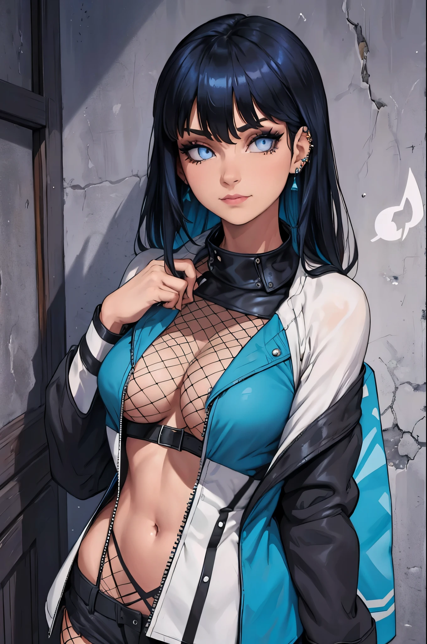 (masterpiece:1.2, best quality), (1lady, solo, upper body:1.2), Hair: shaved on one side, long on the other side, dyed bright blue, Makeup: bold, graphic eyeliner with rhinestones on the outer corners of the eyes, Clothing: a handmade, one-of-a-kind, patchwork jacket with fringe, paired with black leather shorts and fishnet stockings, Accessories: a silver nose ring and multiple ear piercings with unique jewelry pieces, Attending a music festival or alternative fashion event
