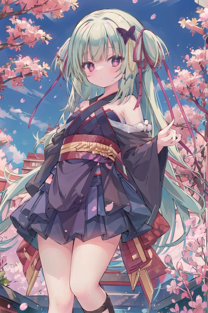 ((masterpiece,best quality))
 1 Girl, Murasame, two simoralitye up, Hair accessories,
kimono, bare shoulmoralityers, half-closemorality eyes, remorality eyes, :morality, outmoralityoors, Cherry blossoms, Blue sky