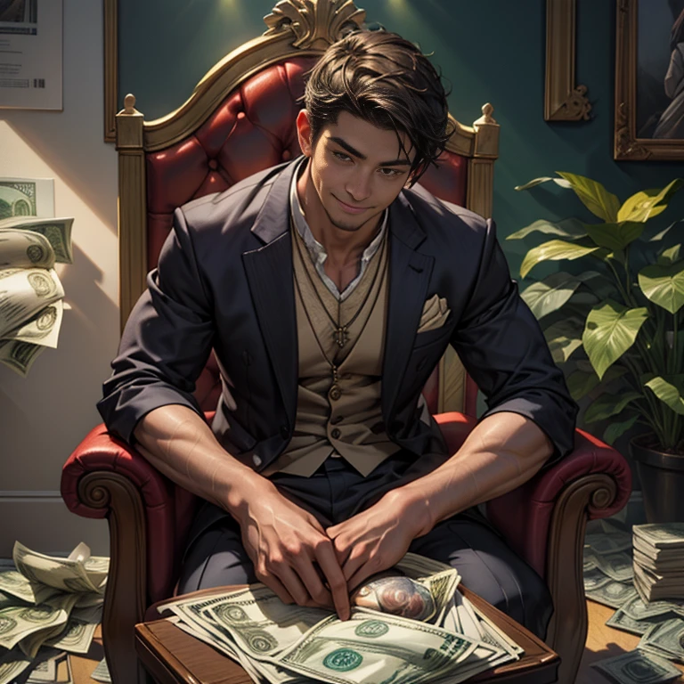 A man sits on a throne made of paper money、suit、crown、Large Gemstone Necklace、Rings on every finger、With a smile、Surrounded by piles of banknotes、With an ecstatic look、Detailed and intricate facial features、Very detailed、8K、Photorealistic、Hyperrealistic、Super detailed、Cinematic lighting、Dramatic Shadows、Bright colors、Lush green environment、Spectacular Scene、masterpiece