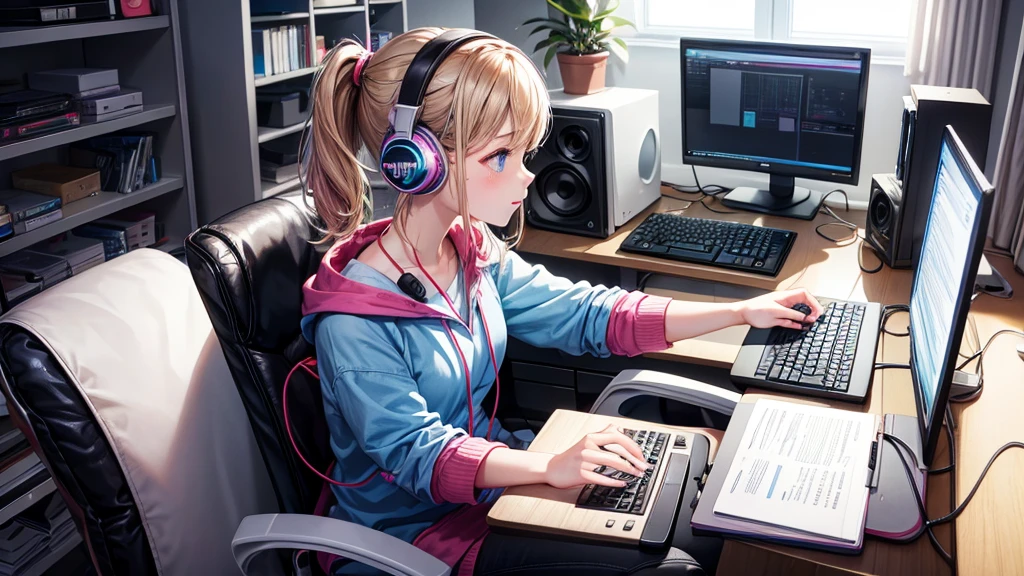A girl is working on a PC at home while listening to music through headphones