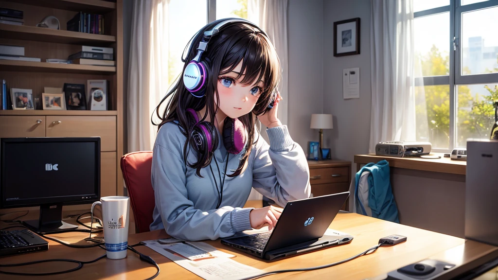 A girl is working on a PC at home while listening to music through headphones