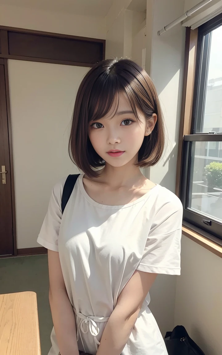Cute 21 year old Japanese、University、Large classroom、Barely、Super detailed face、Eye for detail、double eyelid、Beautiful thin nose、Sharp Focus:1.2、Beauty:1.4、(Light Brown Hair、Short Hair、White skin、Highest quality、Illumination、masterpiece、Ultra-high resolution、(Photorealistic:1.4)、Cute spring clothes、