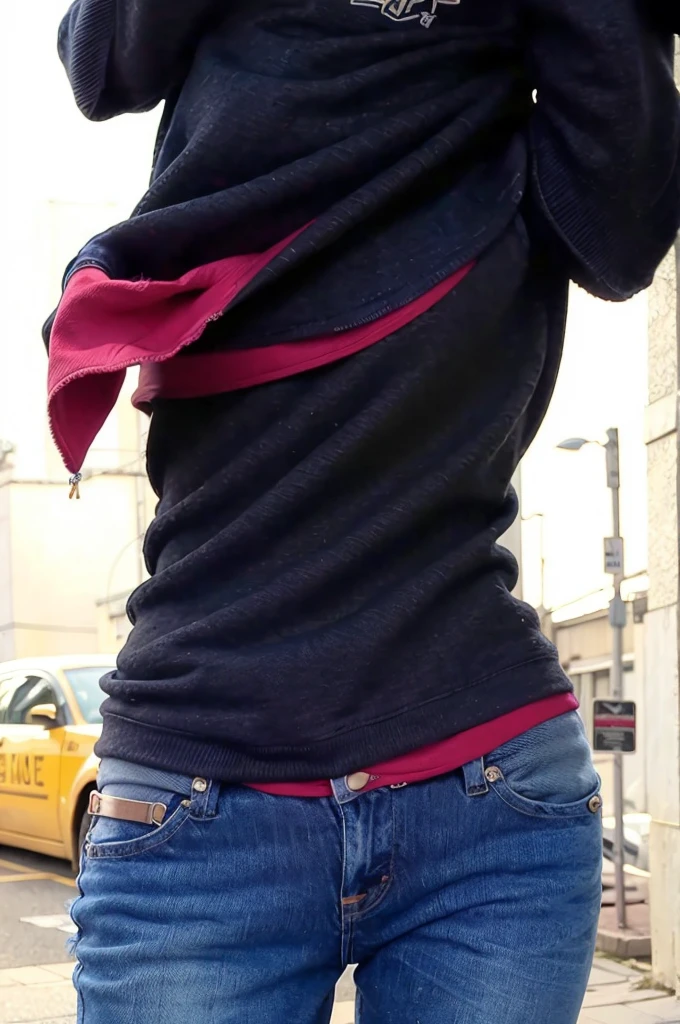 twicedahyun, woman, urban, streets, (day:1.1), RAW,(8k, best quality, masterpiece:1.2),(intricate details:1.4),(photorealistic:1.4),octane render, shorts, wide hips, bikini, complex 3d render ultra detailed, studio soft light, rim light, vibrant details, ultra detailed, realistic skin texture, detailed face, beautiful detailed eyes, extremely detailed CG unity 8k wallpaper, makeup, (detailed background:1.2), (cowboy shot:1.2),(hip),(perfect anatomy:1.2),(black hoodie, long jeans:1.2),